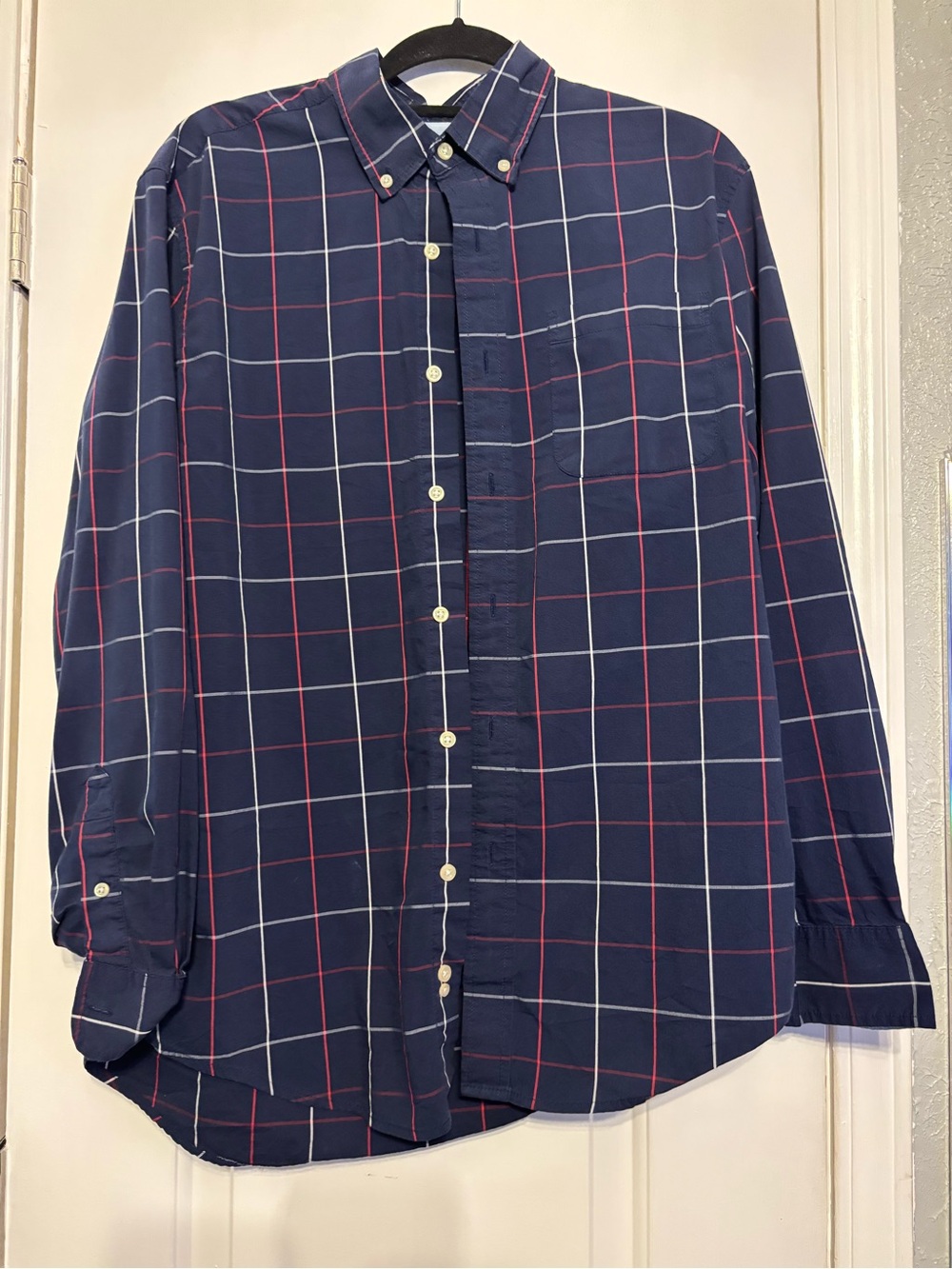 Saddlebred Navy Button-Down Shirt with Red and White Windowpane
